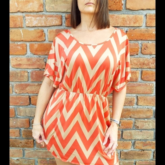 Chevron Zig Zag Print Batwing Dress Tan & Coral 96 - Picture 9 of 10